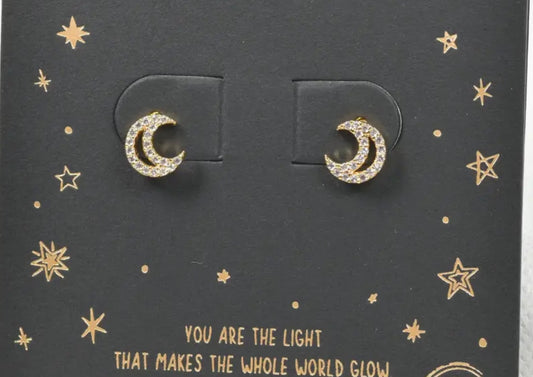 Gold Dipped Crescent Moon Cz Stud Earring