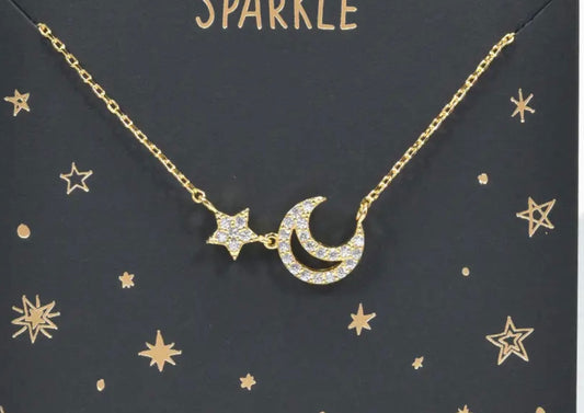 Sparkle Crescent Moon N Star Cz Necklace