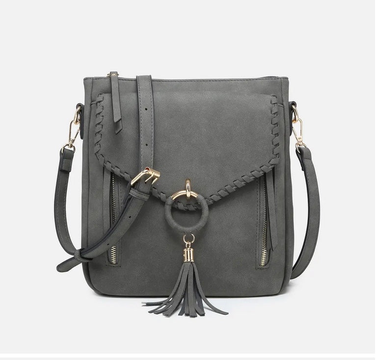 Layla Faux Suede Whipstitch Crossbody w/ Tassel