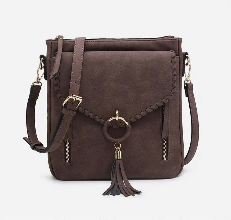 Layla Faux Suede Whipstitch Crossbody w/ Tassel