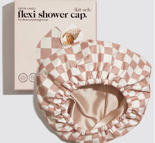 Satin Lined Flexi Shower Cap - Terracotta Checker