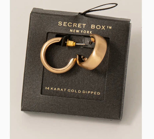 Secret Box Brushed Gold Dipped Small Beveled Hoop Earrings
