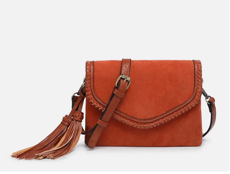 Sloane Suede Flapover Whipstitch Crossbody