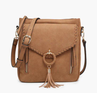 Layla Faux Suede Whipstitch Crossbody w/ Tassel