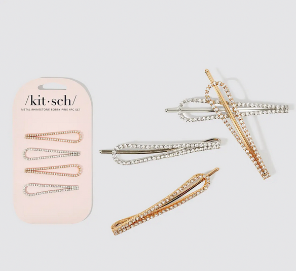 Metal Rhinestone Drop Bobby Pins 4pc Set - Gold/Silver