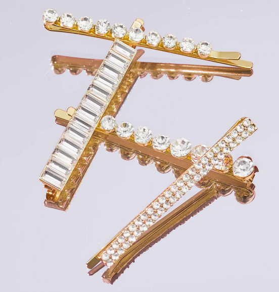 Metal Rhinestone Assorted Bobby Pins 4pc Set - Gold