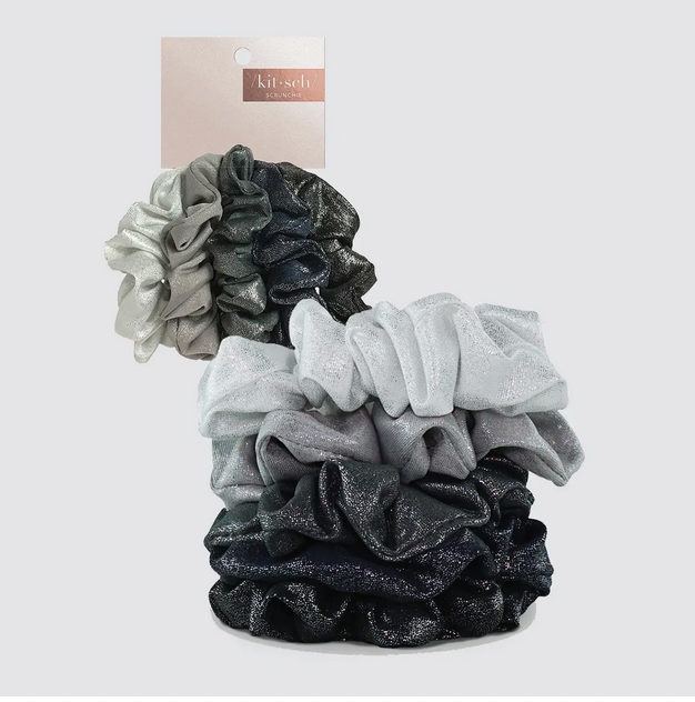 Black/Gray - Metallic scrunchies - 5 count/pkg